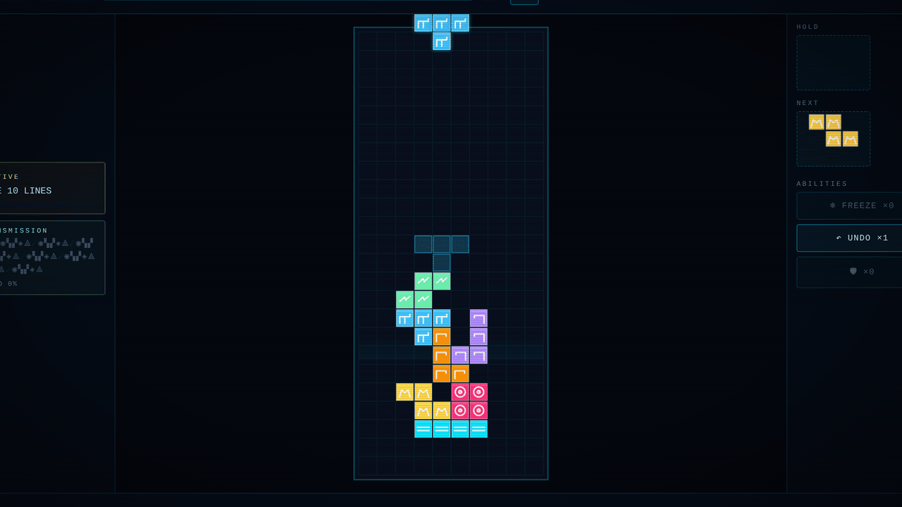Alien Cipher in play: coloured blocks stacked on a grid, with the intercepted transmission panel decoding at the side.