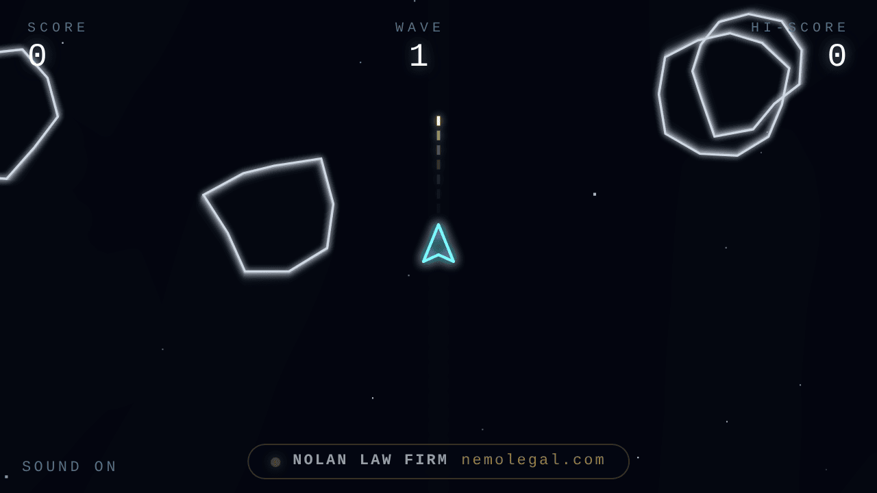 Scrap Belt in play: a small vector ship among drifting rocks, with the gold Nolan rock nearby.