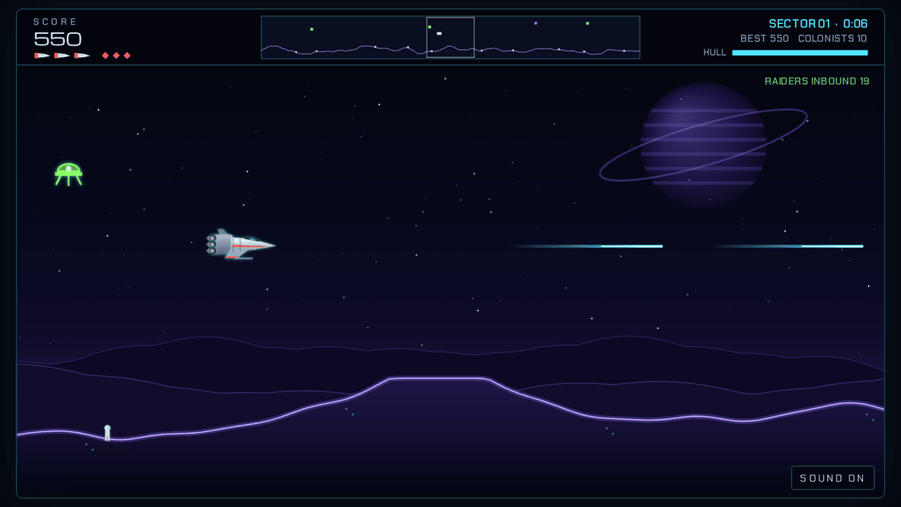 Starwarden in play: a silver fighter firing a beam across a violet planet surface, with a scanner bar along the top.