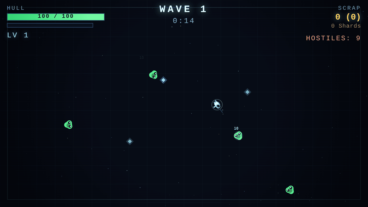 Alien Scrap: Survivor in play: the player ship firing automatically at green aliens closing in, with scrap pickups on the field.